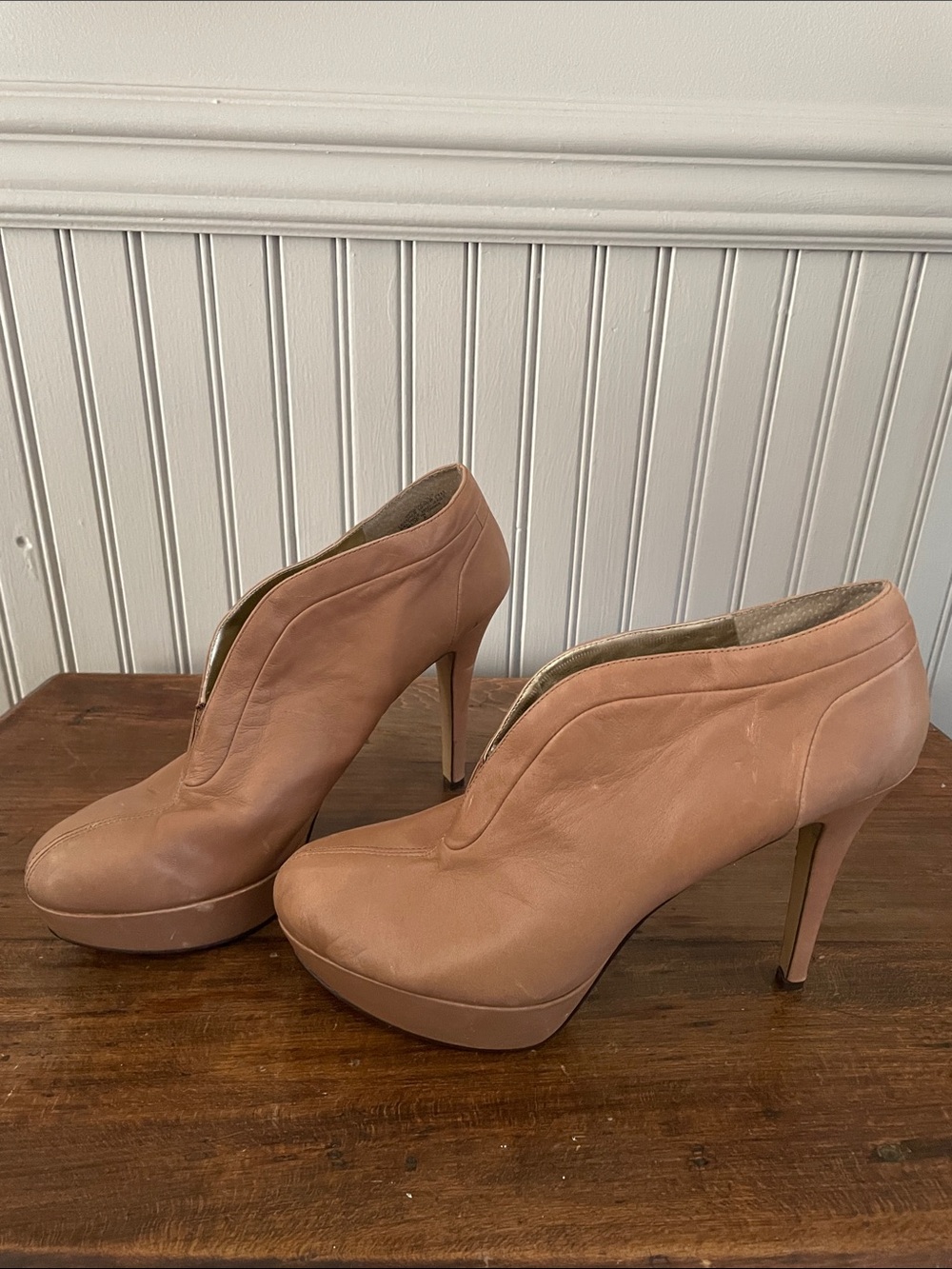 Nine West Blush Tan Leather Platform Stiletto Booties